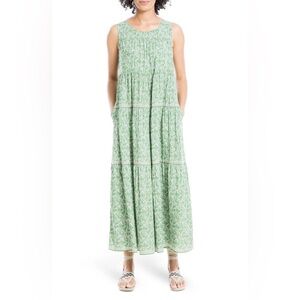 NWT MAX STUDIO Sleeveless Tiered Maxi Dress In Green/ Ivory Mini Floral vacation